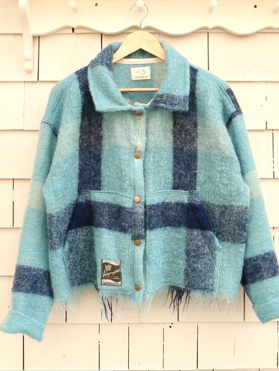 Handmade Jackets & Blazers - Upcycled Mohair Blanket Jacket Hudson's Bay Company Plaid Blue Wool M • L